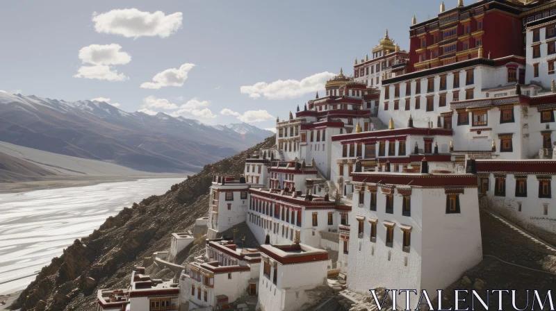 Tibetan Buddhist Monastery Complex: Tranquility Amidst Majestic Mountains AI Image