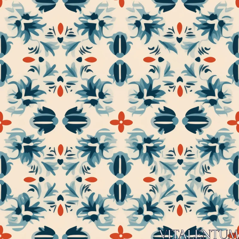 Blue and Red Floral Pattern on Beige Background AI Image