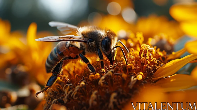 AI ART Close-up Bee Pollinating Sunflower