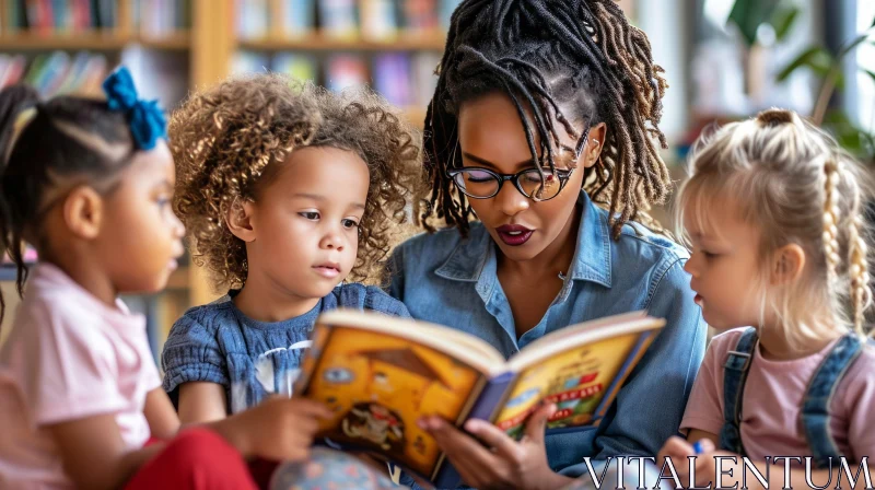 Engaging Storytime: Teacher Reads to Smiling Children in Library AI Image