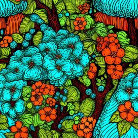 Intricate Floral Pattern with Blue and Orange Flowers