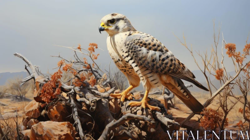 Majestic Falcon Painting on Branch in Desert Landscape AI Image