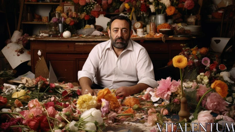 Serious Man Portrait in Flower-Filled Room AI Image
