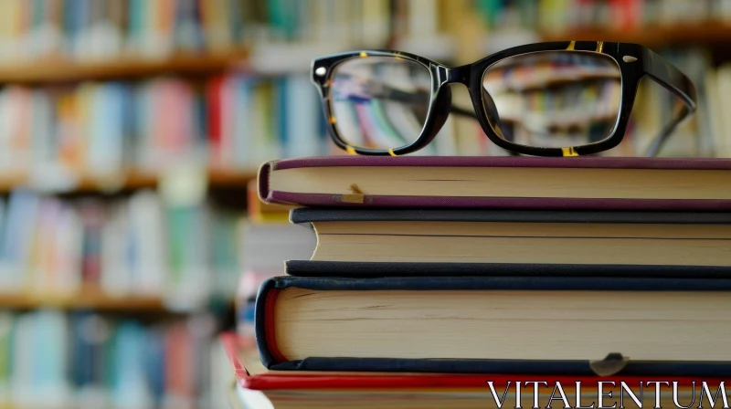 Stack of Books with Black Eyeglasses on Library Background AI Image