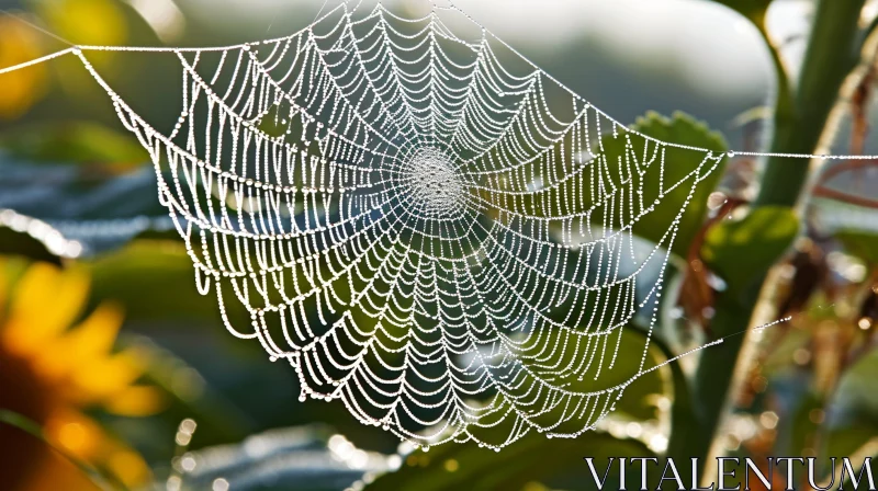 Symmetrical Spider Web with Morning Dew in Sunlight AI Image