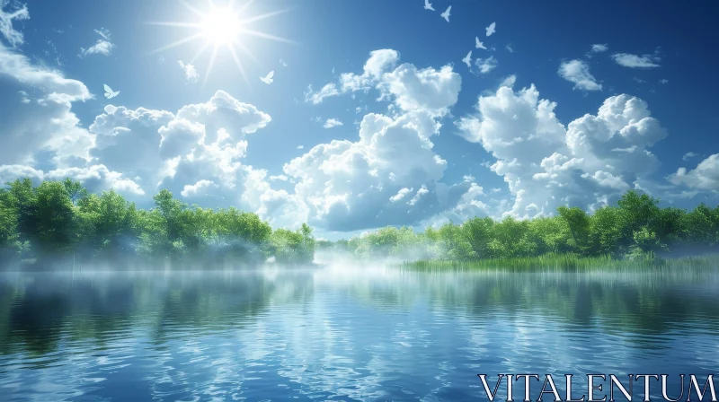Tranquil Nature Scene with Lake, Trees, and Blue Sky AI Image