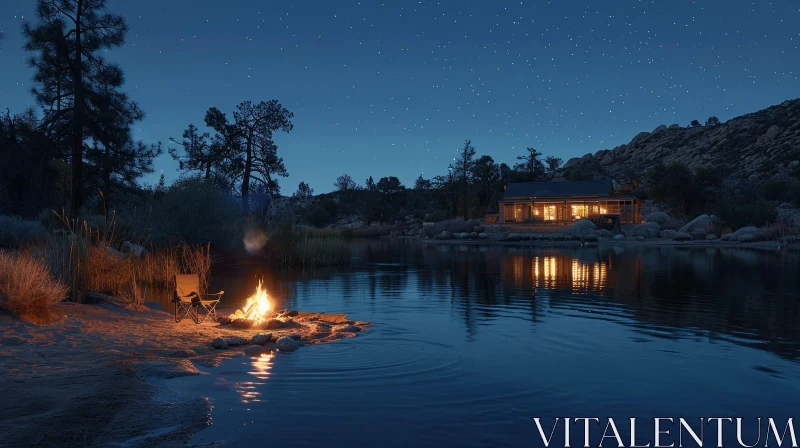 Tranquil Night Landscape with Lake, Cabin, and Bonfire AI Image