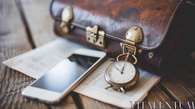 AI ART Vintage Brown Leather Suitcase, Pocket Watch, and Smartphone on Wooden Surface