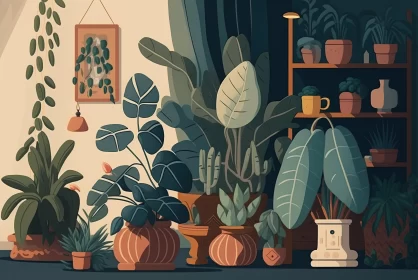 Vintage-style Houseplants Illustration for Modern Flat Design Decor