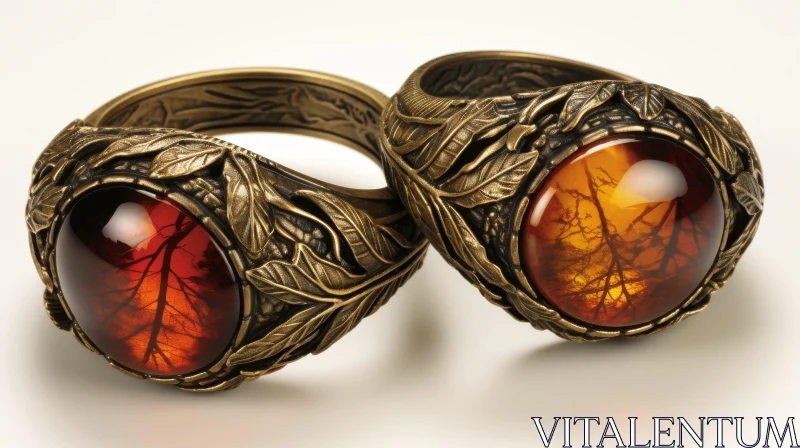 AI ART Bronze Rings with Amber Stones - Leaf Pattern Design