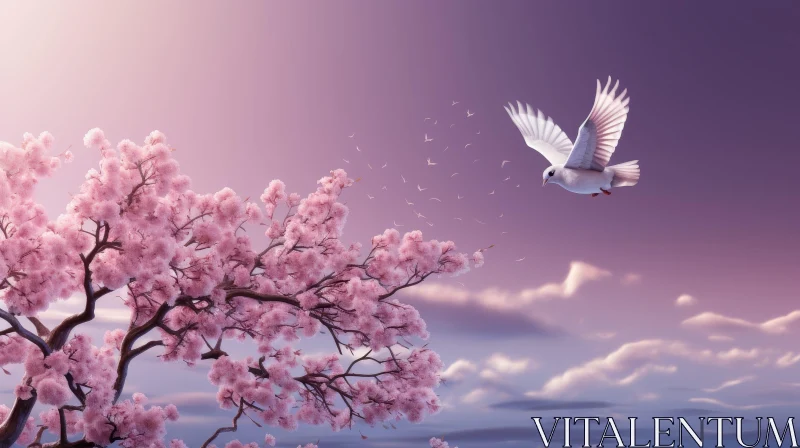 Cherry Blossom Tree and White Dove - Serene Image of Peace and Renewal AI Image