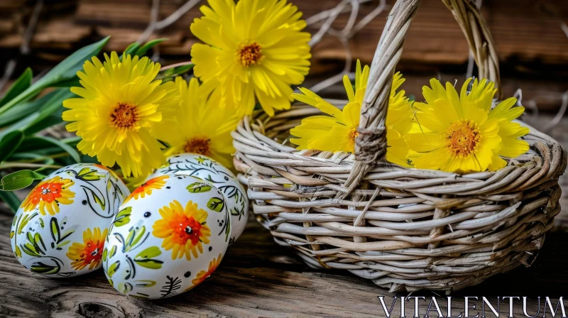 Easter Still Life with Eggs and Yellow Flowers in a Wicker Basket AI Image