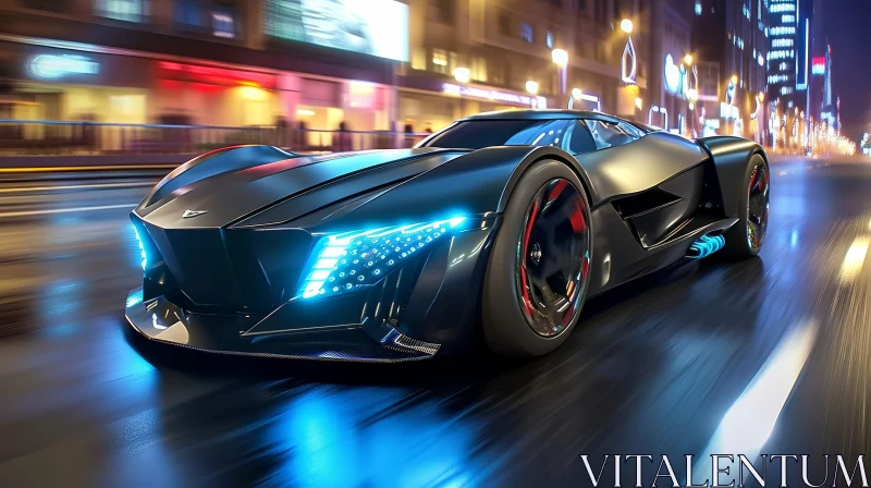 AI ART Futuristic Sports Car in City Street Night Scene