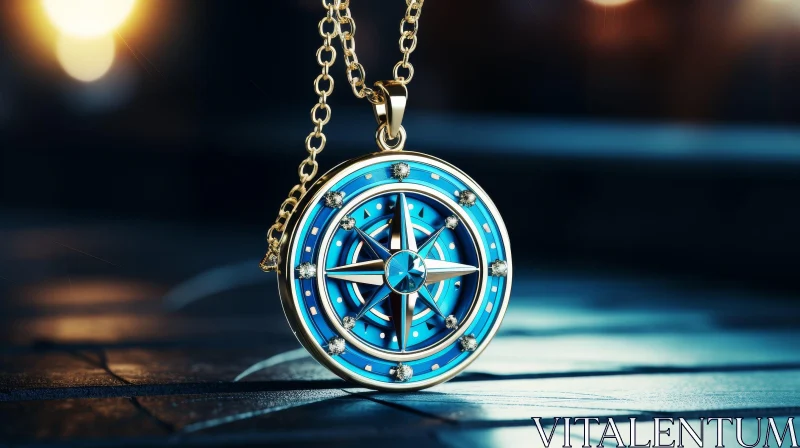 AI ART Gold and Blue Compass Pendant on Chain