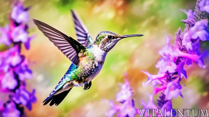 Hummingbird in Flight with Purple Flowers AI Image