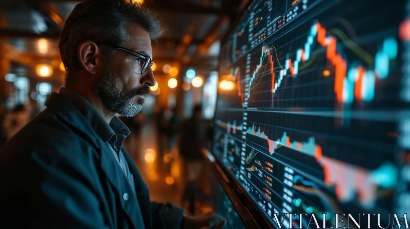 AI ART Intriguing Businessman Examining Live Stock Market Data on a Large Screen