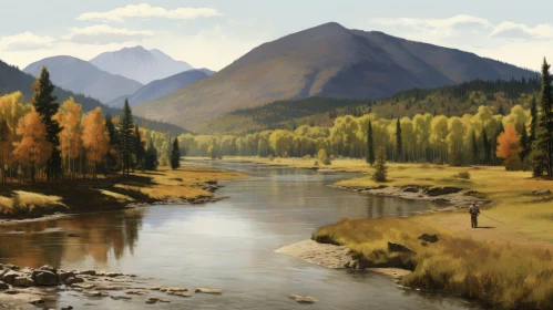 Mountain River Landscape Painting in Fall