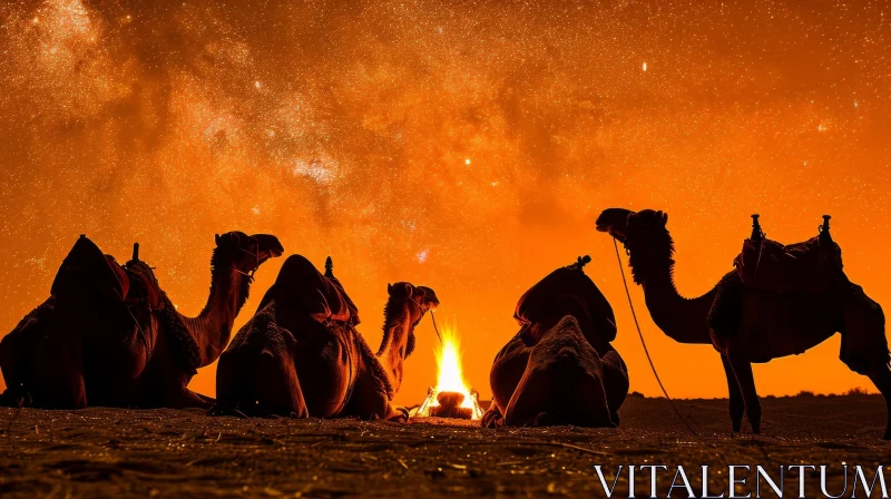 Night Scene in the Desert with Camels and Stars AI Image