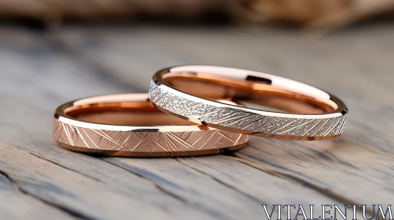 Rose Gold Wedding Rings on Wooden Surface AI Image