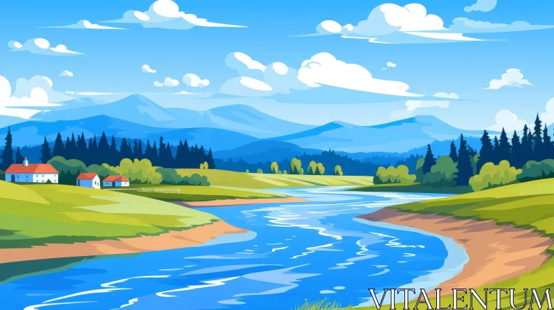 Serene Rural Landscape Illustration AI Image