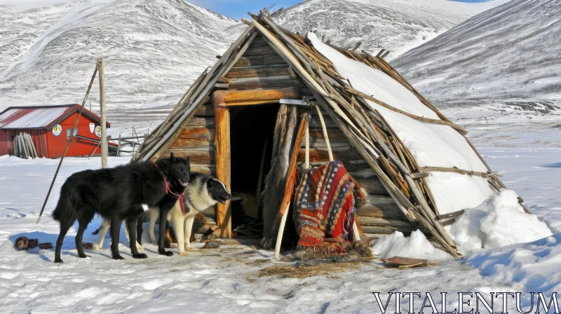 Serene Sami Hut in Arctic Tundra | Wood and Snow | Mountains AI Image