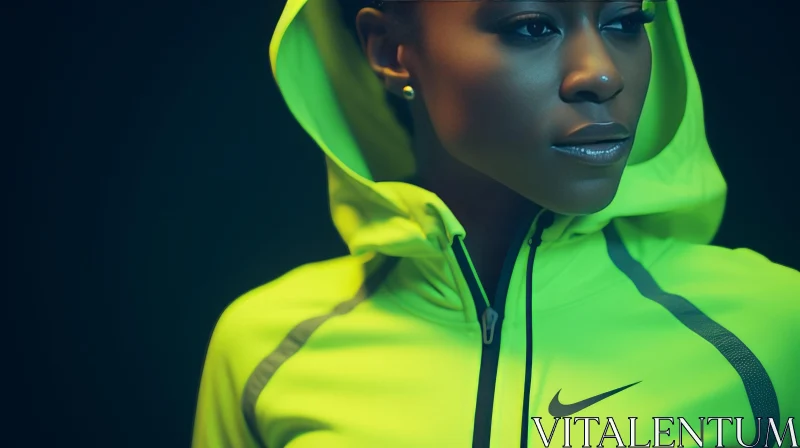 Serious Young Woman Portrait in Nike Hoodie AI Image