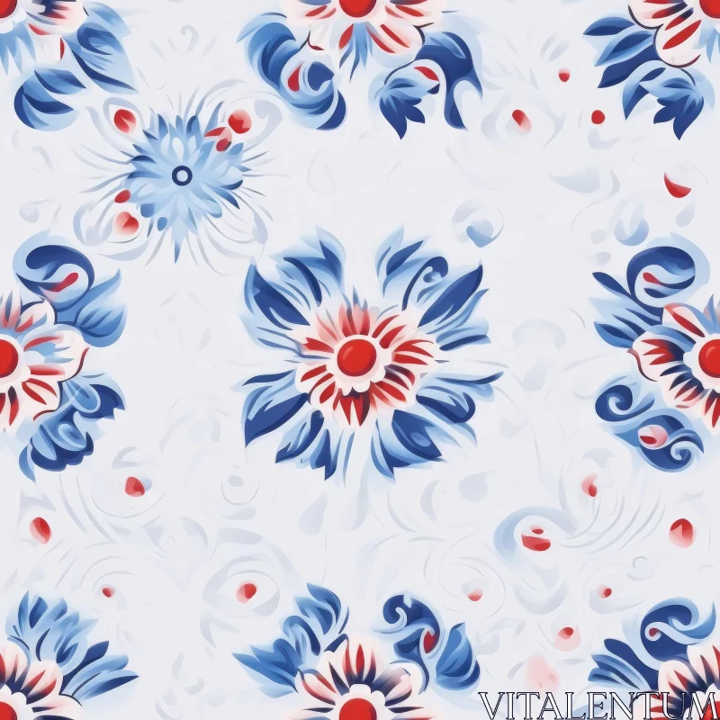 AI ART White Floral Pattern with Blue and Red Flowers