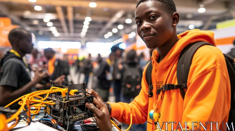 Young African-American Man in Orange Hoodie with Electronic Device and Wires AI Image