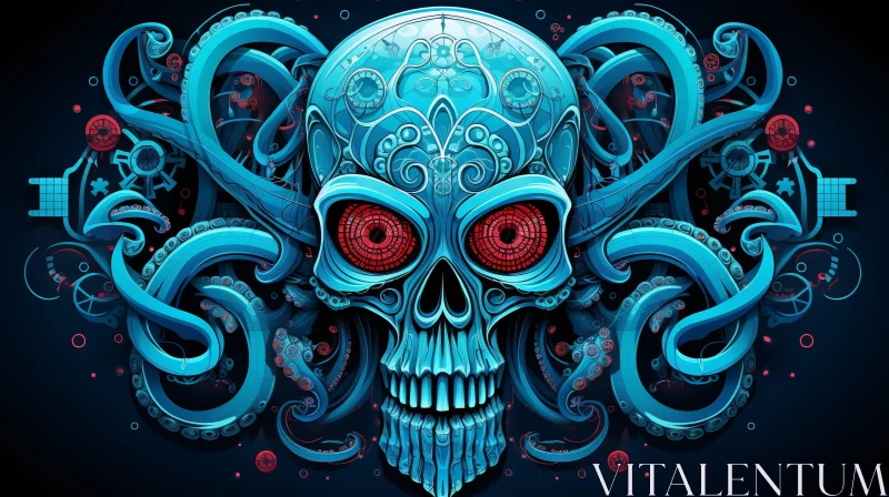 AI ART Blue Skull with Octopus Tentacles - Dark Surreal Art