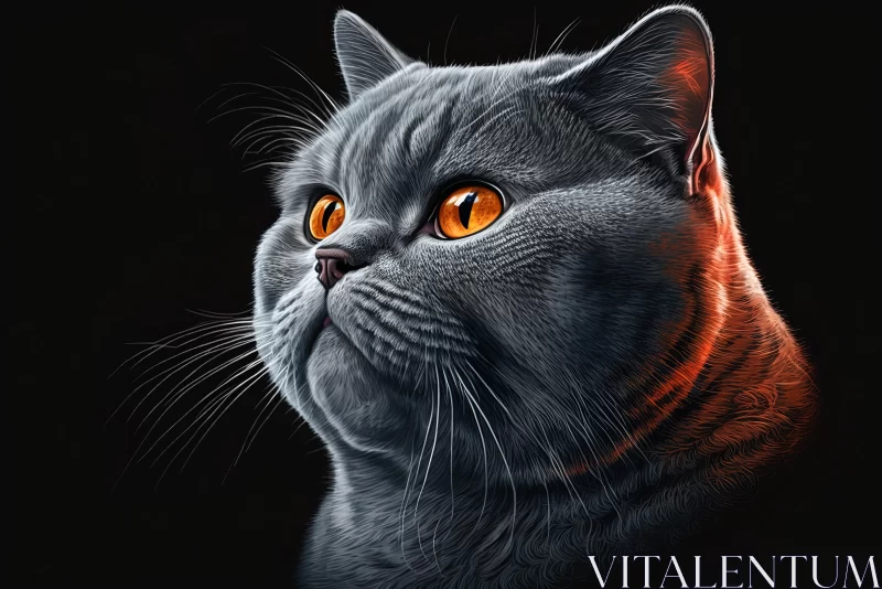 Captivating Hyper-Realistic Grey Cat Illustration on Black Background AI Image