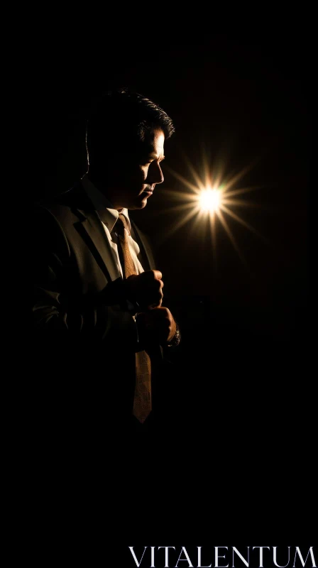 Contemplative Man in Suit Under Spotlight AI Image