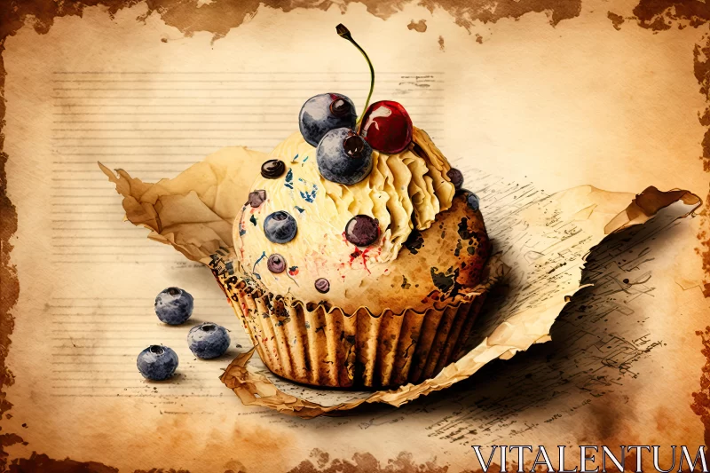 AI ART Cupcake on Old Brown Paper: Digitally Manipulated Image with Cranberrycore Aesthetic