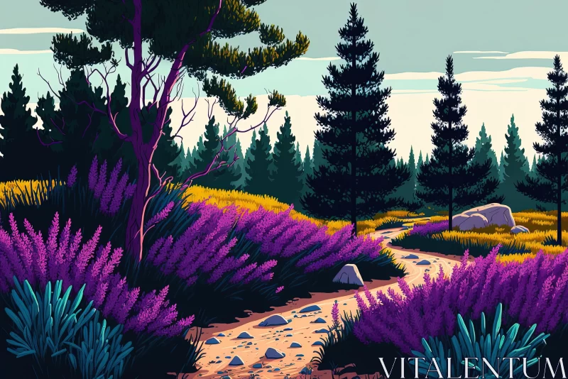 Detailed Landscape Painting of Purple Flowers in the Forest | Graphic Pop-Art Style AI Image