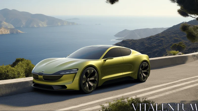 Electric Concept Car Driving Down a Mountain Road - Hyperrealistic Artwork AI Image