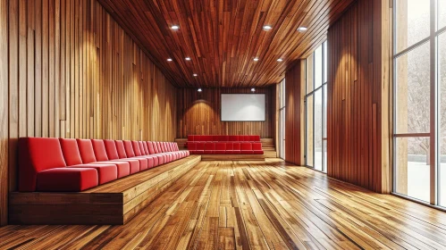 Elegant Auditorium with Red Armchairs and Wooden Walls