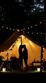 Night-time Romance: Couple Embracing by Glowing Tent