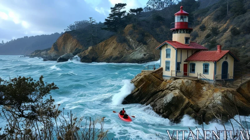 Red Kayak in Rough Sea | Majestic Lighthouse | Thrilling Adventure AI Image