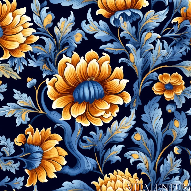 Seamless Floral Pattern on Dark Blue Background AI Image