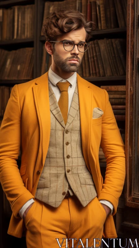 Serious Young Man Portrait in Yellow Suit at Library AI Image