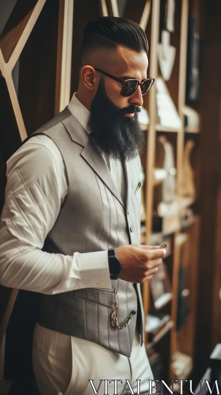 Stylish Man with Beard and Sunglasses by Wooden Wall AI Image
