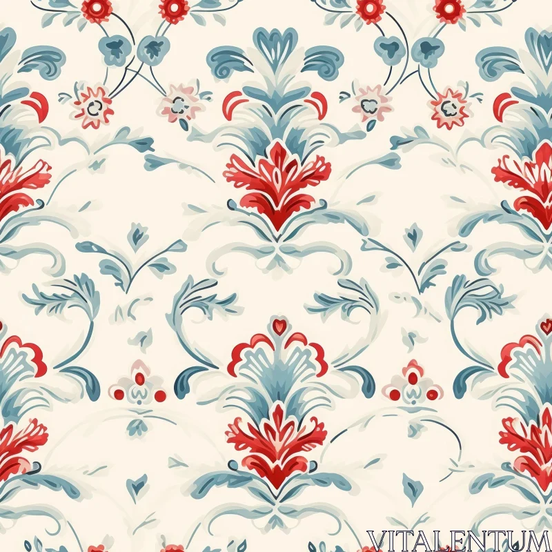 Symmetrical Floral Pattern in Red and Blue on Beige Background AI Image