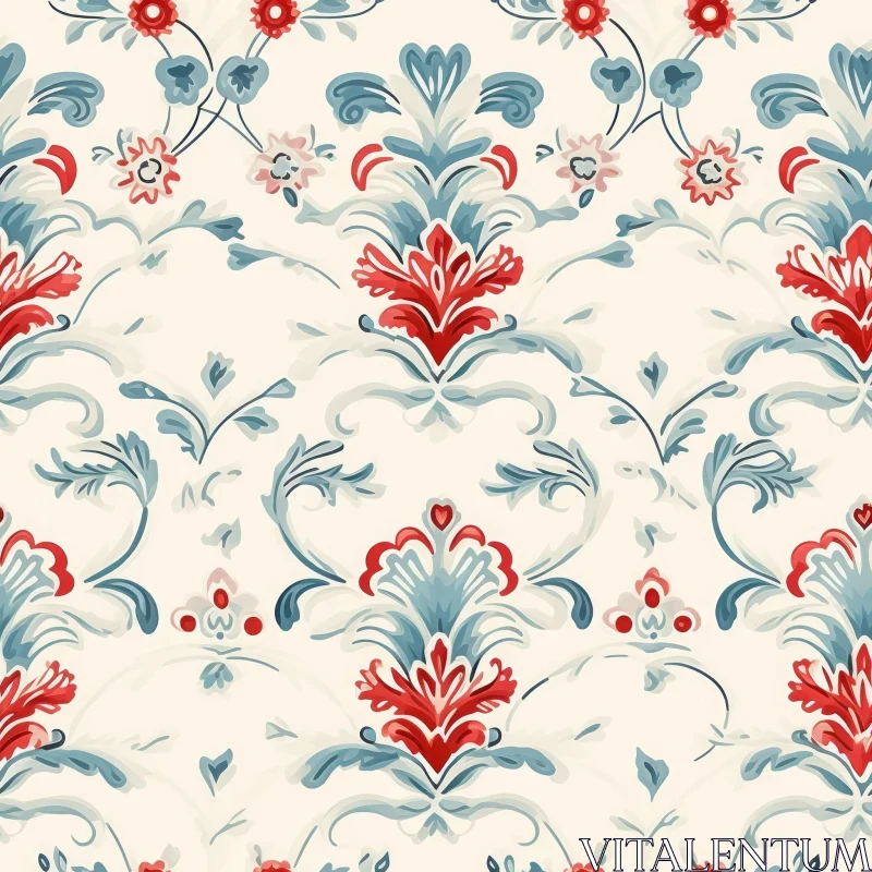 AI ART Symmetrical Floral Pattern in Red and Blue on Beige Background