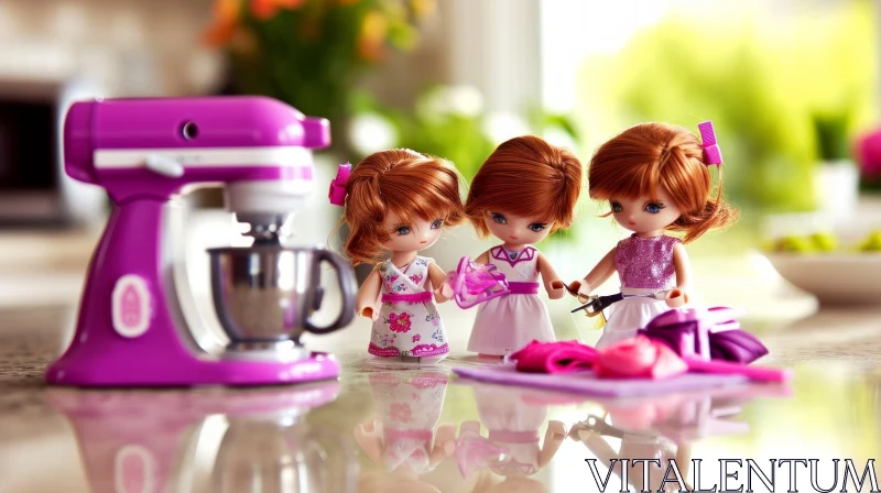 AI ART Three Dolls on a Kitchen Counter - A Charming Scene of Domesticity