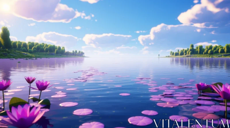 Tranquil Lake Landscape Under Sunny Sky AI Image
