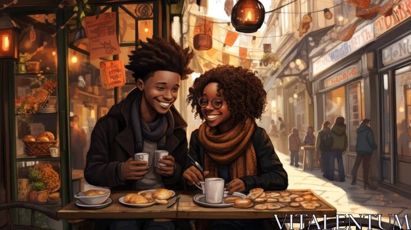 AI ART Young Couple at Cafe Table in European City