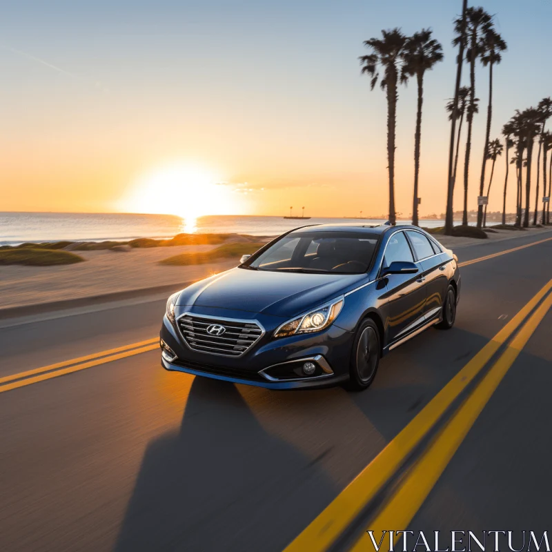 Blue Hyundai Sonata Driving Along Palm Trees at Sunset | Backlit Photography AI Image