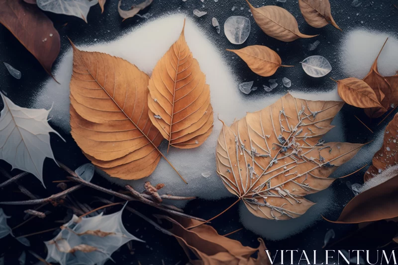 Captivating Autumn Leaves in Snow: Realism with Surrealistic Elements AI Image