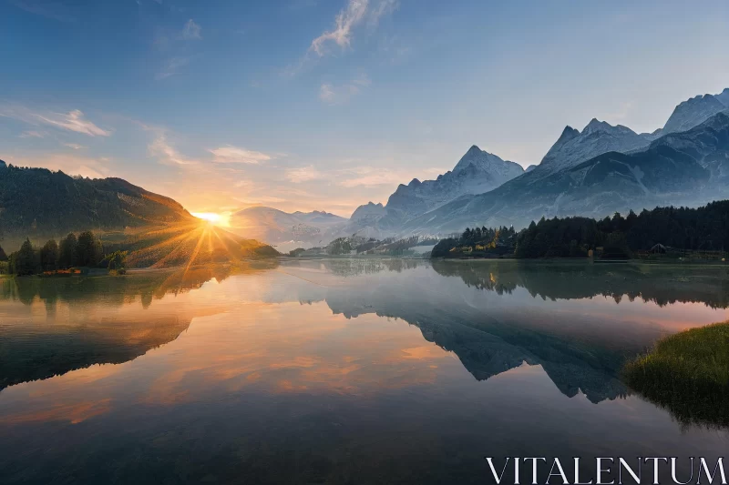 Captivating Sunrise over Lake and Mountains - Swiss Style Photography AI Image