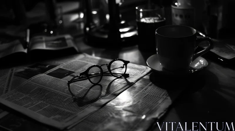 Enigmatic Composition: Newspaper, Coffee, and Glasses on Table AI Image
