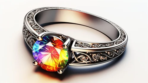 Exquisite Rainbow Gemstone Ring in White Gold